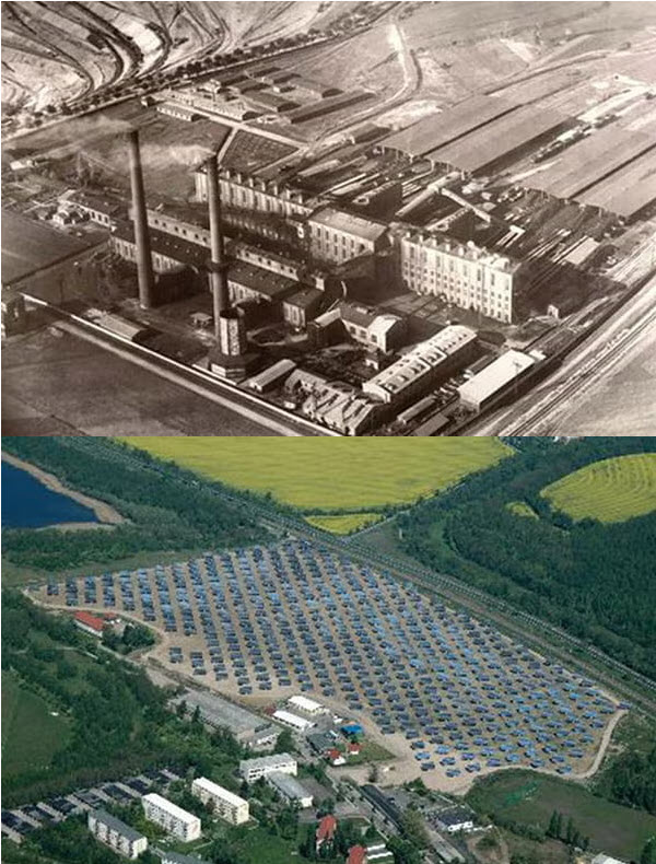 Aerial before and after view of a brownfield site converted to productive use