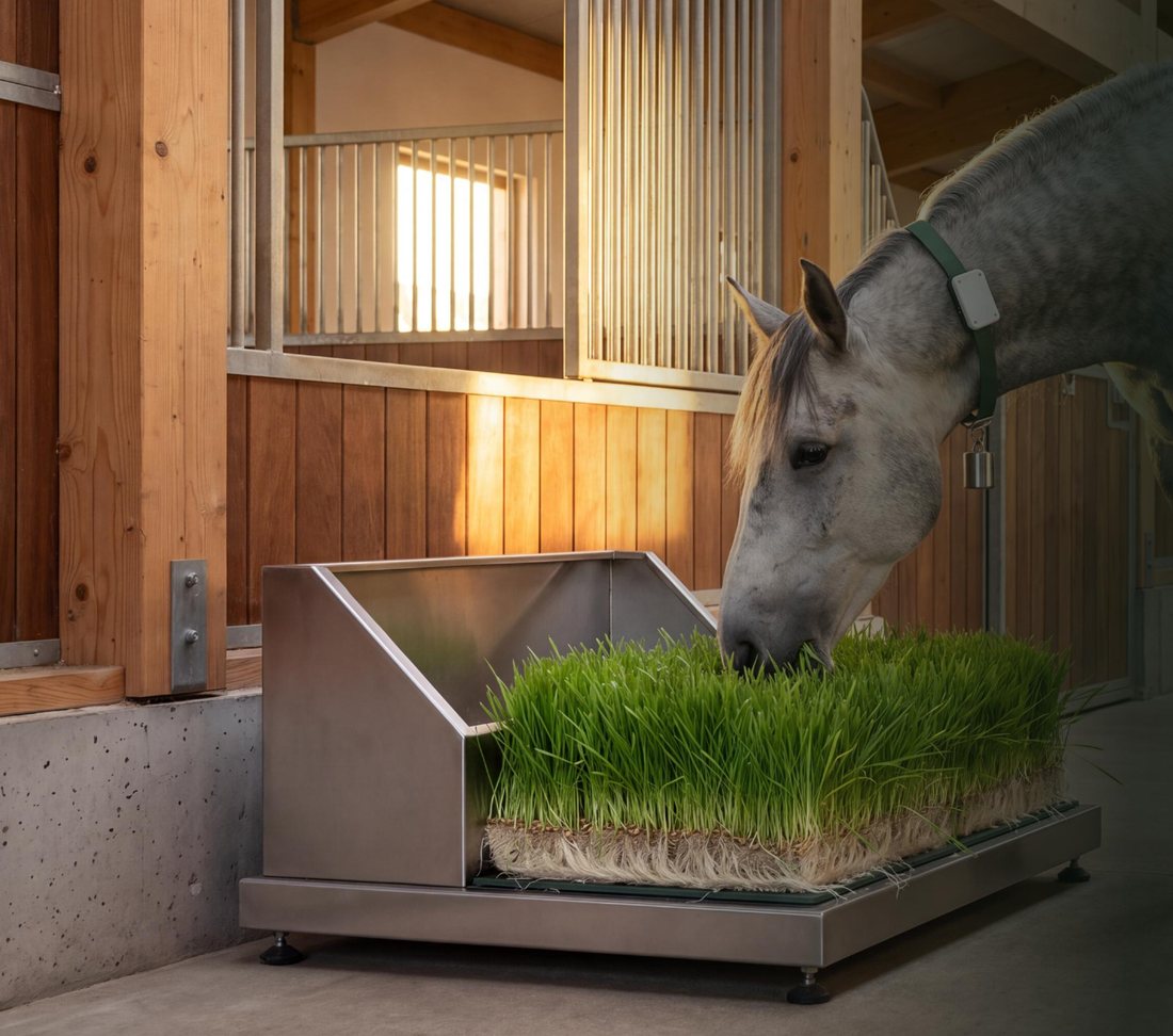 Horse eating hydroponic fodder from a Smart Feed station with built-in scale