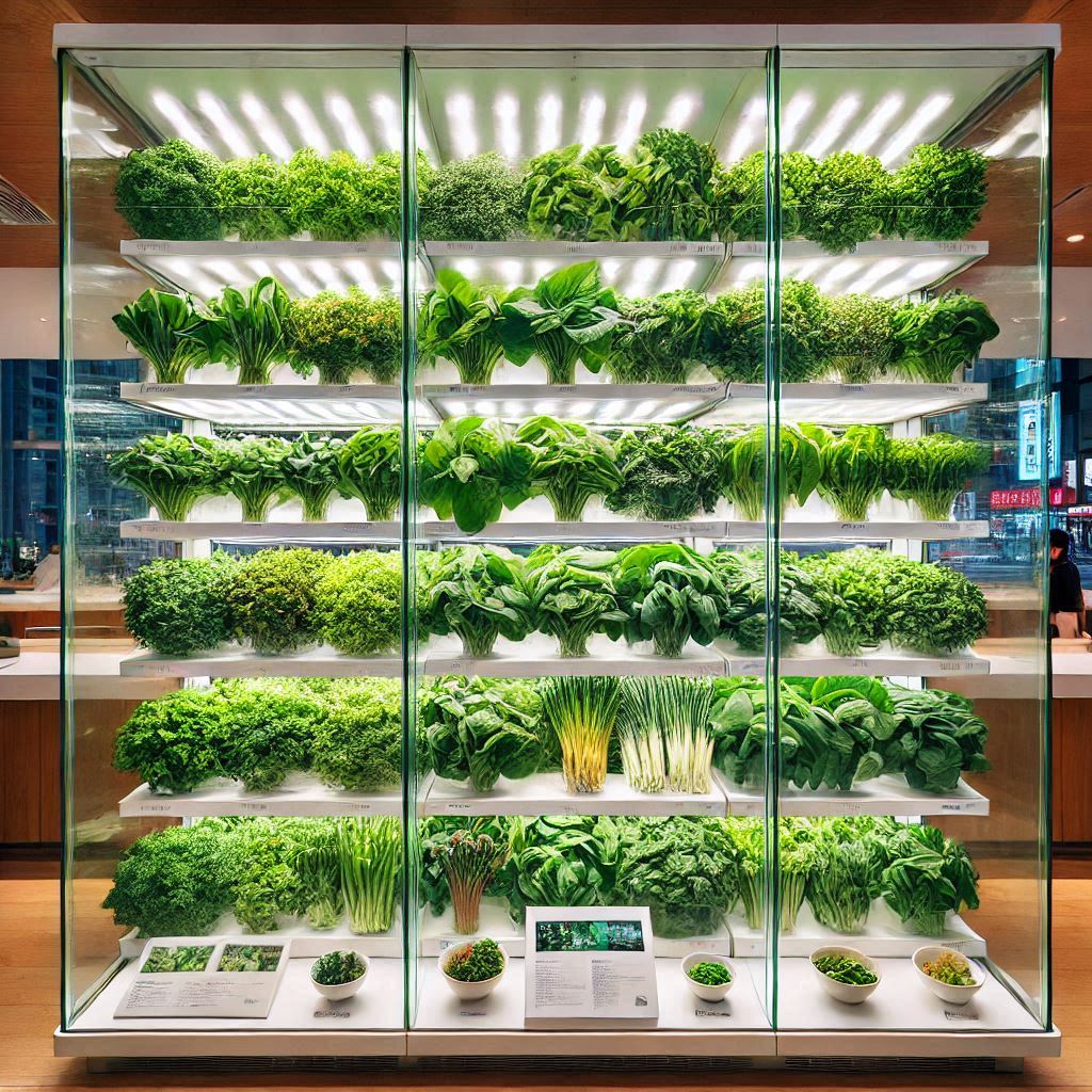 Fresh leafy greens on display shelving, ready for distribution